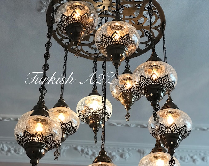 Ottoman Chandelier With 11  Crack Globes ,Turkish Lamp, Morocco Lamp,Turkish Chandelier ID:146