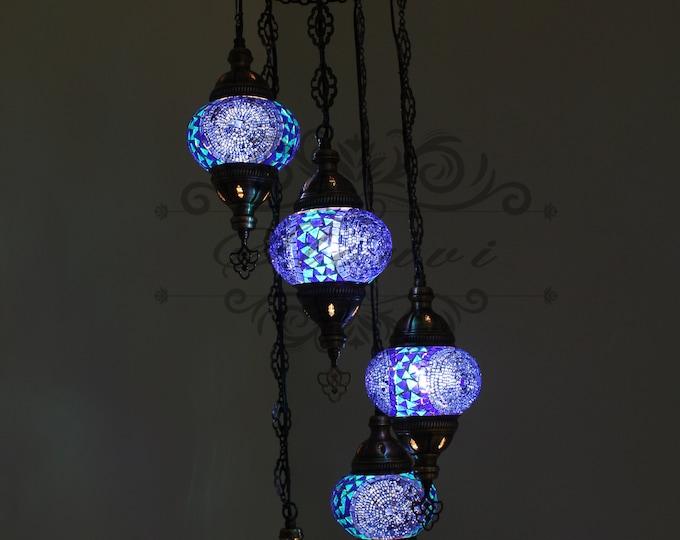 5 Ball Turkish  Mosaic Chandelier with Medium Globes