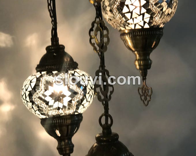 3 Ball Turkish  Mosaic Chandelier Black And White With  Black Grout