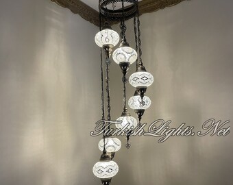 Handmade Turkish Mosaic Chandelier, 7 Globe Ceiling Light