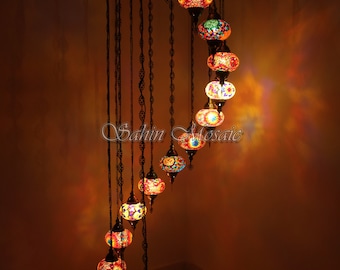 15 Ball Turkish  Mosaic Chandelier, Large Globes