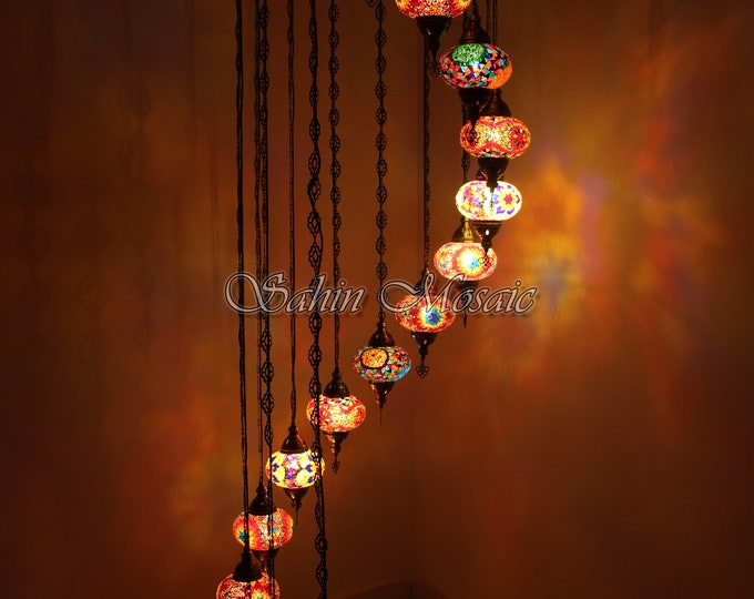 15 Ball Turkish  Mosaic Chandelier, Large Globes