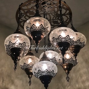 9-BALL Turkish Sultan Mosaic Chandelier With (LARGE) Globe, ID:161