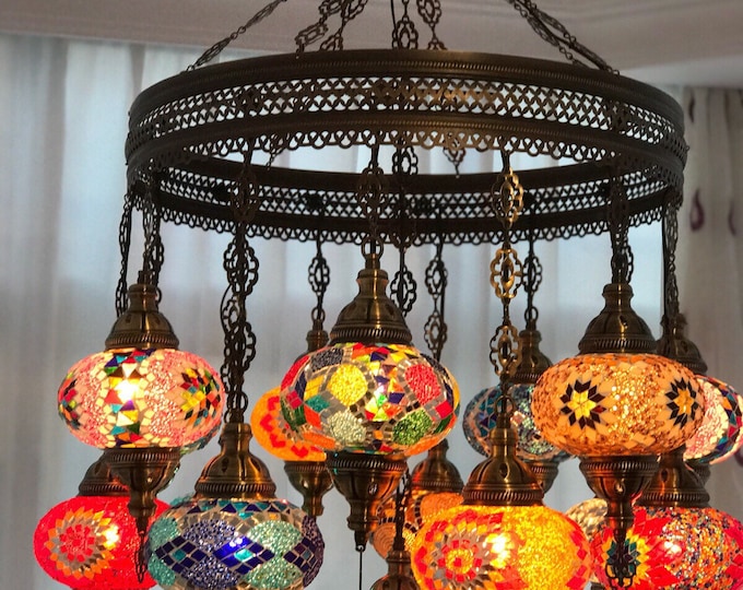 15 Ball Turkish  SULTAN Mosaic Chandelier, LARGE GLOBES