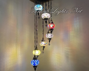 Handmade Turkish Mosaic Chandelier with 7 Globes