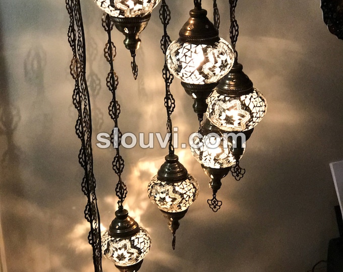 8 - Ball Turkish  Water Drop Style  Mosaic Chandelier,  Black And White With  Black Grout
