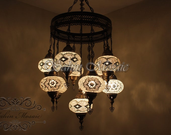 11 Ball Turkish  SULTAN Mosaic Chandelier, Large Globes