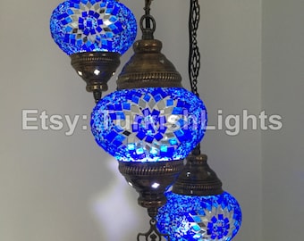 3 Ball Turkish  Mosaic Chandelier Blue Stars