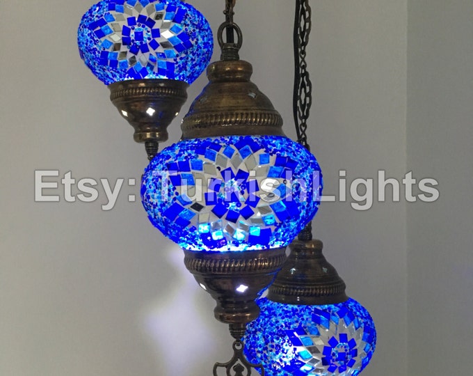 3 Ball Turkish  Mosaic Chandelier Blue Stars