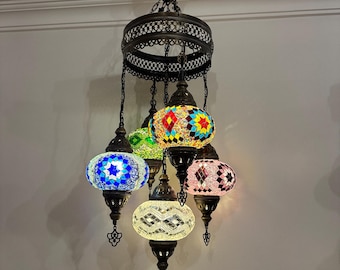 5 Ball Turkish Mosaic Chandelier - Handmade Sultan Design with Large Globes, ID: S5L-11