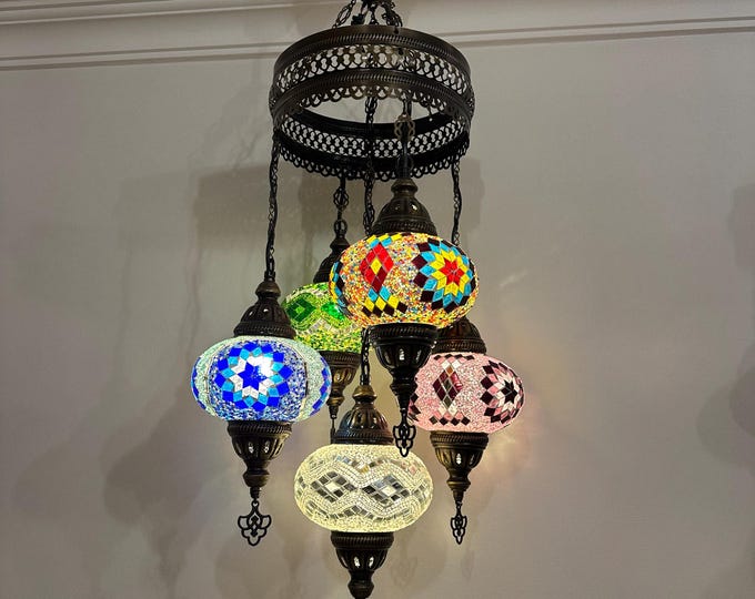 5 Ball Turkish Mosaic Chandelier - Handmade Sultan Design with Large Globes, ID: S5L-11