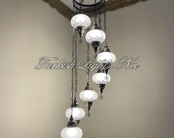 Handmade Turkish Mosaic Chandelier: 7 Globe, 55" Height