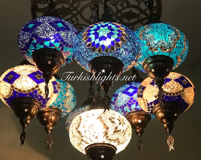 9-BALL Turkish Sultan Mosaic Chandelier With (LARGE) Globe, ID:161