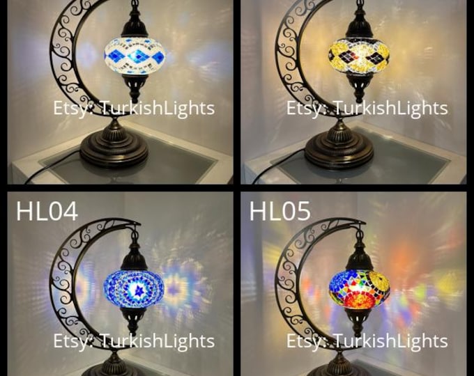 Crescent Moon Turkish Mosaic Table Lamp - Handcrafted Stained Glass Accent Light id: hilal