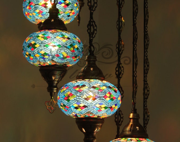 7 - Ball Turkish  Water Drop Style  Mosaic Chandelier with Large Globes