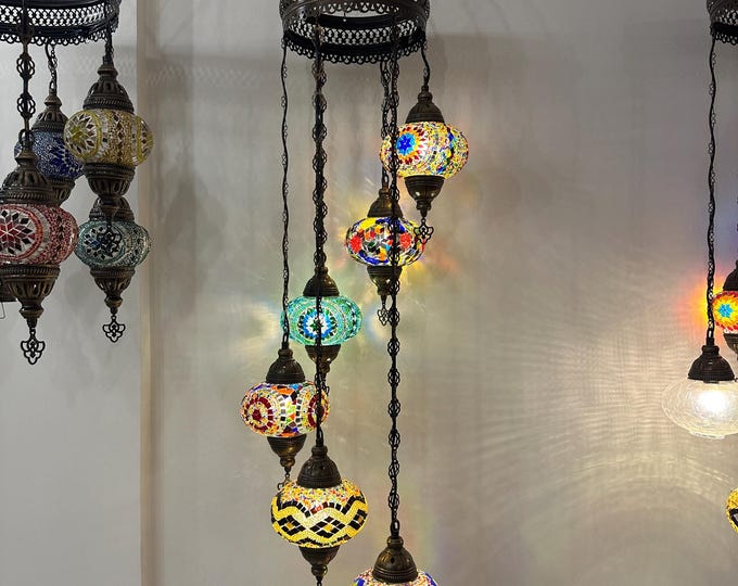 6 Ball Turkish Mosaic Chandelier - Water Drop Design with Large Globes, ID: H6