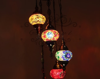 5 Ball Turkish  Mosaic Chandelier with Medium Globes