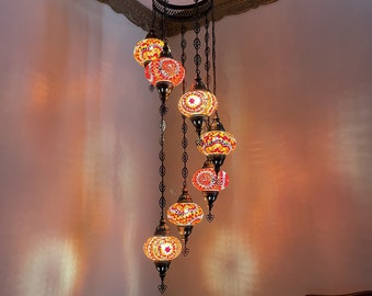 Handmade Turkish Mosaic Chandelier Lamp, 7 Globe Ceiling Light