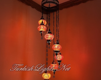 Handmade Turkish Mosaic Chandelier Lamp, 7 Globe Pendant Light
