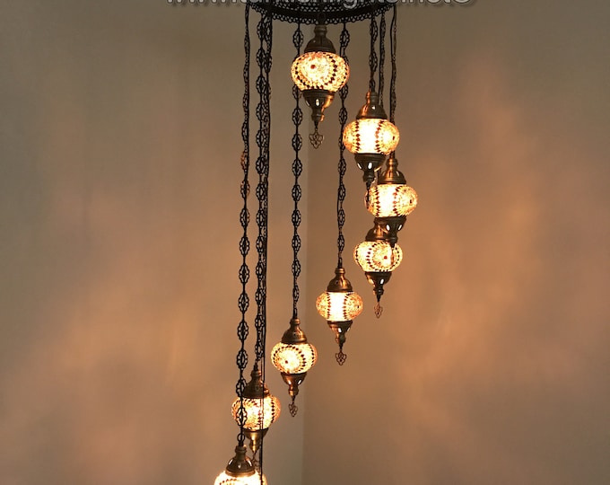 9 Ball Turkish  Mosaic Chandelier  with Medium Globes