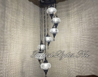 Handmade Turkish Mosaic Chandelier Lamp with 7 Globes