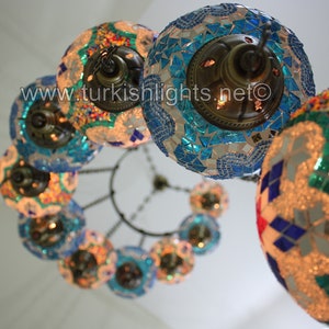 11 Ball Turkish  Mosaic Chandelier, Large Globes , Light Blue/ turquoise