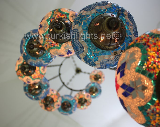 11 Ball Turkish  Mosaic Chandelier, Large Globes , Light Blue/ turquoise