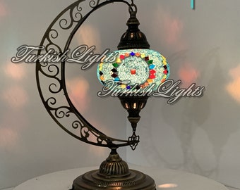 Table Top Moon Shape, Turkish Mosaic Lamp Table Lamp, , Tiffany Lamp,  Turkish Lights, Morocco Lamp, Turkish Lamp, FREE SHIPPING