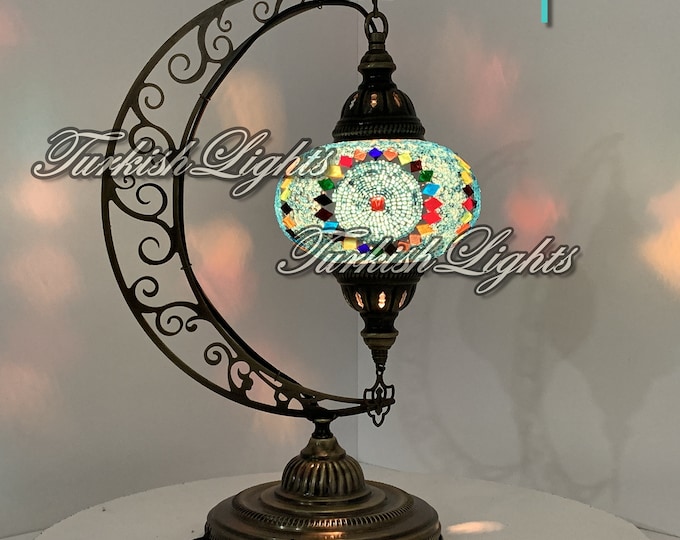 Table Top Moon Shape, Turkish Mosaic Lamp Table Lamp, , Tiffany Lamp,  Turkish Lights, Morocco Lamp, Turkish Lamp, FREE SHIPPING