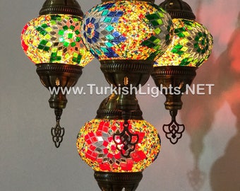 4-Ball Turkish  Sultan Mosaic Chandelier, Medium Globes