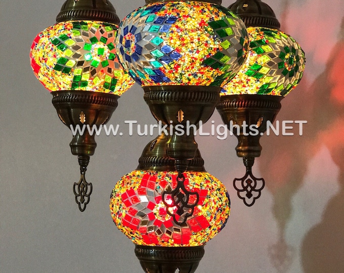 4-Ball Turkish  Sultan Mosaic Chandelier, Medium Globes