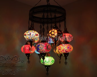 Turkish Mosaic Sultan Chandelier – 11 Large Globe Ottoman Ceiling Lamp | S11L