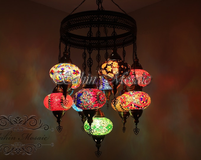 11 Ball Turkish  SULTAN Mosaic Chandelier, Large Globes