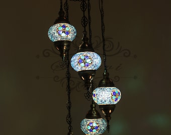 5 Ball Turkish  Mosaic Chandelier with Medium Globes