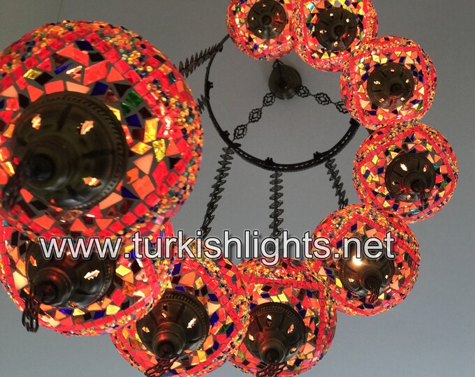 9 Ball Turkish  Mosaic Chandelier, LARGE RED GLOBES