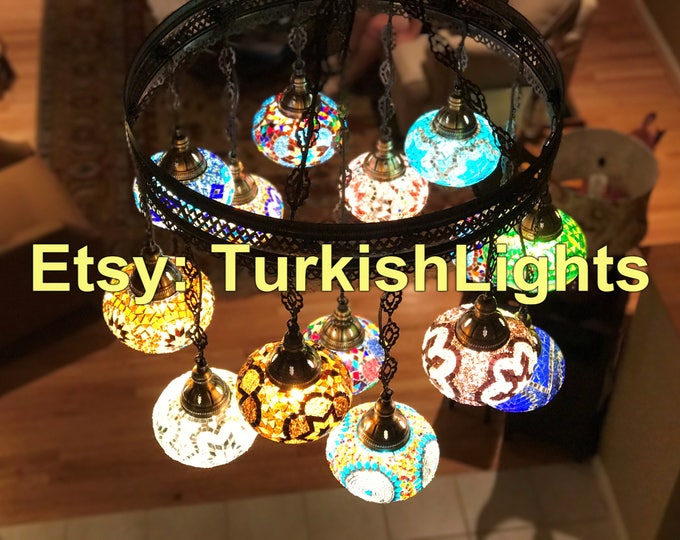 15 Ball Turkish  SULTAN Mosaic Chandelier, LARGE GLOBES