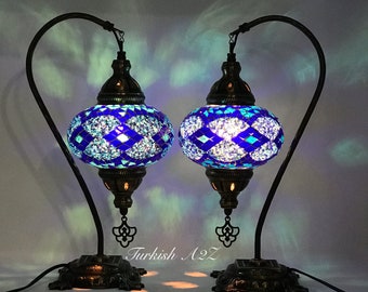 Pair Of Swan Neck Mosaic Table LAMP, Large Globe, ID:150
