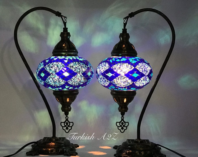 Pair Of Swan Neck Mosaic Table LAMP, Large Globe, ID:150