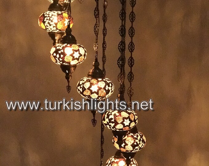 9 Ball Turkish  Mosaic Chandelier, LARGE BROWN GLOBES