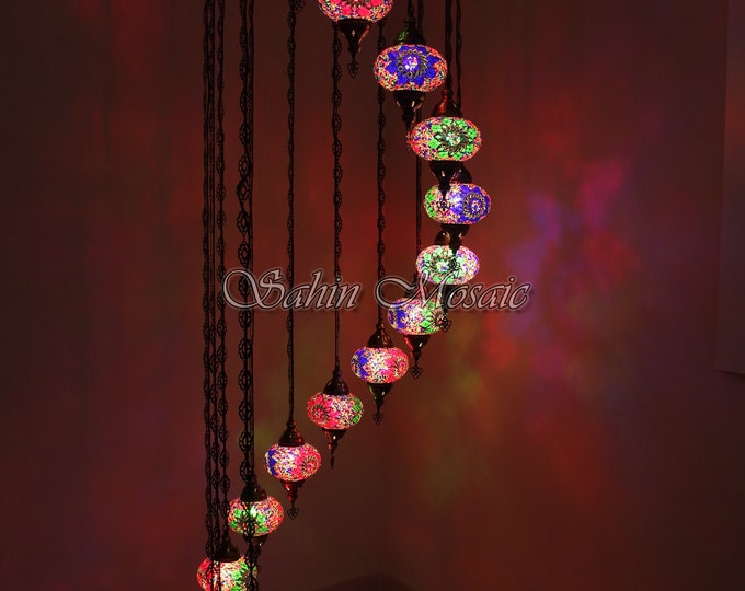 15 Ball Turkish  Mosaic Chandelier, Large Globes