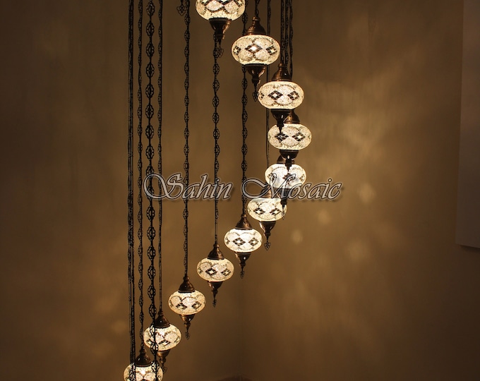 15 Ball Turkish  Mosaic Chandelier, Large Globes, WHITE