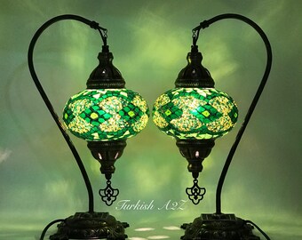 Pair Of Swan Neck Mosaic Table LAMP, Large Globe, ID:150