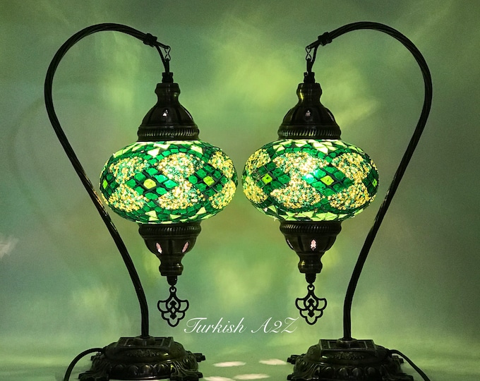 Pair Of Swan Neck Mosaic Table LAMP, Large Globe, ID:150