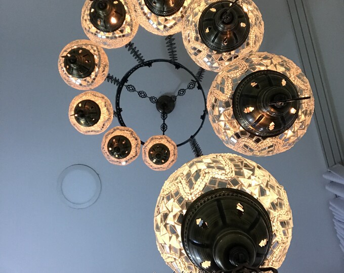 9 Ball Turkish  Mosaic Chandelier with Medium Globes White