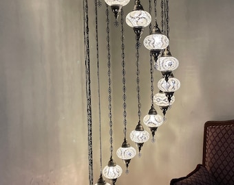 15 Globe Turkish Mosaic Chandelier, Ceiling Pendant Light