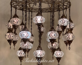 Moroccan Mosaic Chandelier, Turkish Lamp with 24 Globes