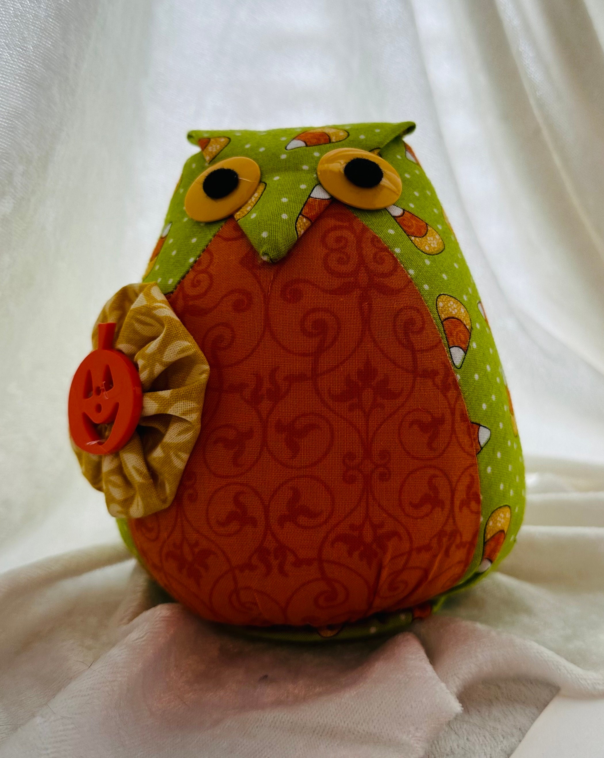 Fabric Owl Halloween Decor: Candy Corn Print Shelf Sitter