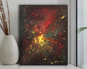 Abstract Galaxy Art, Acrylic Space Painting, Black Red Fluid Modern Home Decor