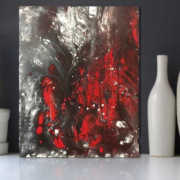 Small Abstract Fluid Painting, Red Wall Art