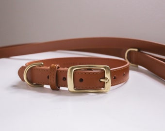 Handmade stitched genuine full grain tan leather dog collar with solid brass hardware and optional antler charm